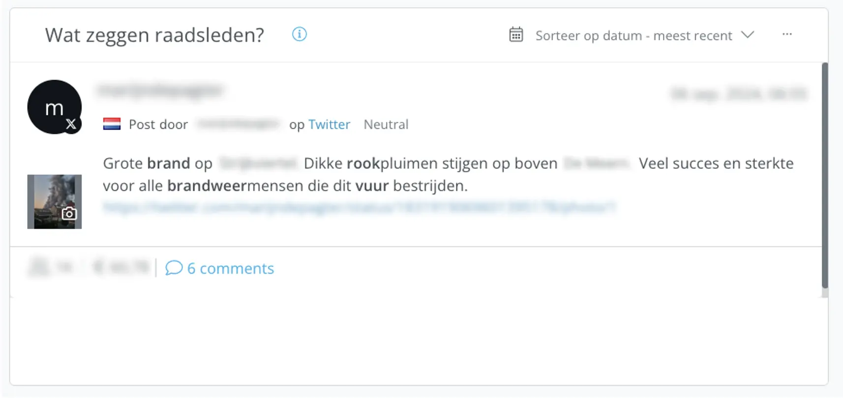 Een voorbeeld van crisisbeheersing: een tweet met verschillende keywords.