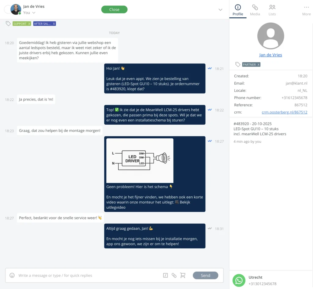 Een voorbeeldgesprek met de Koninklijke Oosterberg via WhatsApp