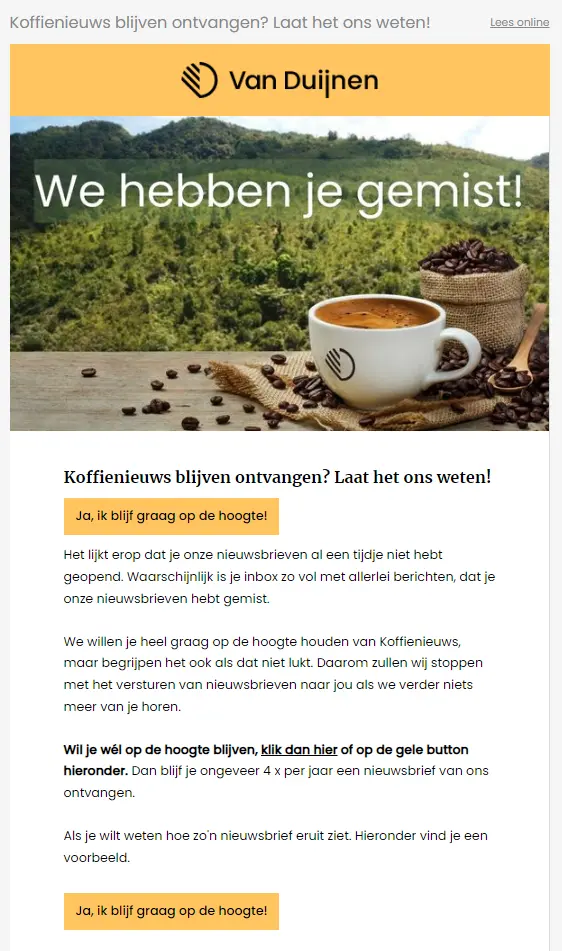 Een voorbeeld van een reactivatiemail door Van Duijnen koffie