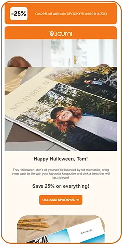 Full view of the Halloween email by Journi