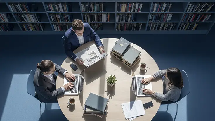 Collega's aan tafel onderzoeken hoe er over hen gesproken wordt in de media.