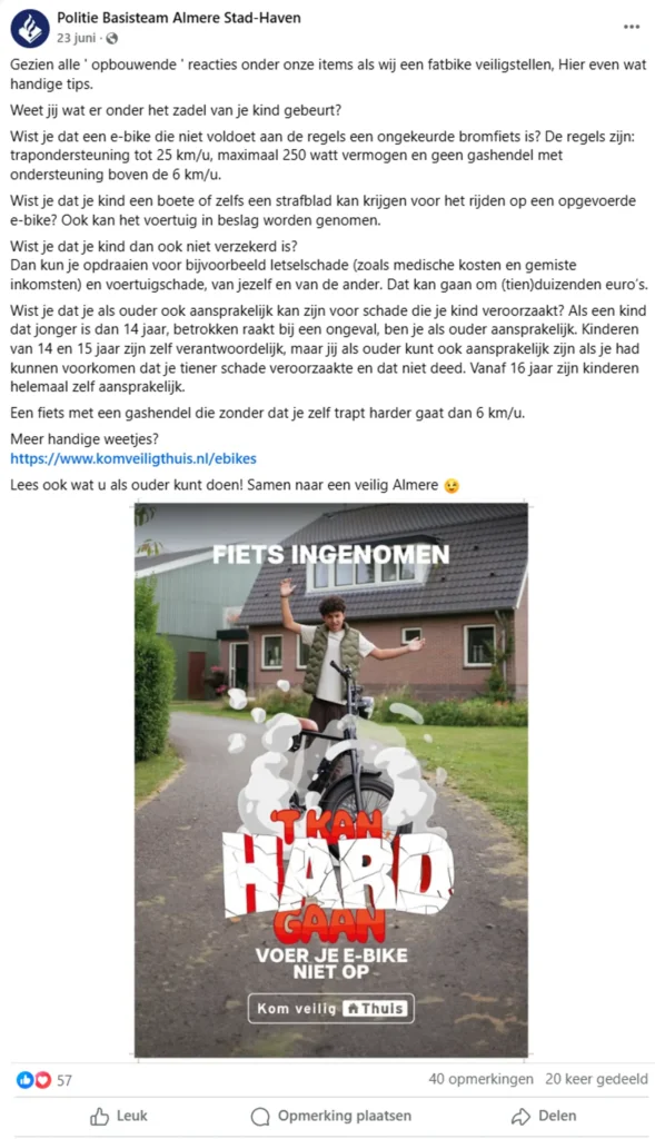 Een voorbeeld post van Politie Almere Stad-Haven op Facebook