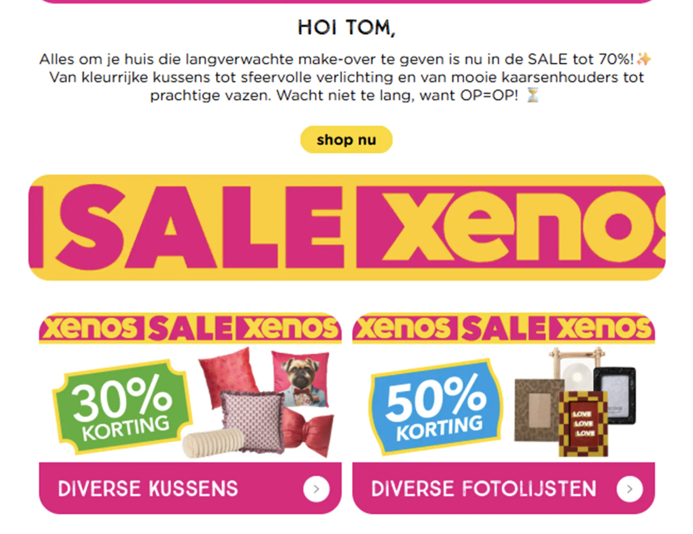 De desktop versie van een e-mail design van Xenos, met twee blokken naast elkaar