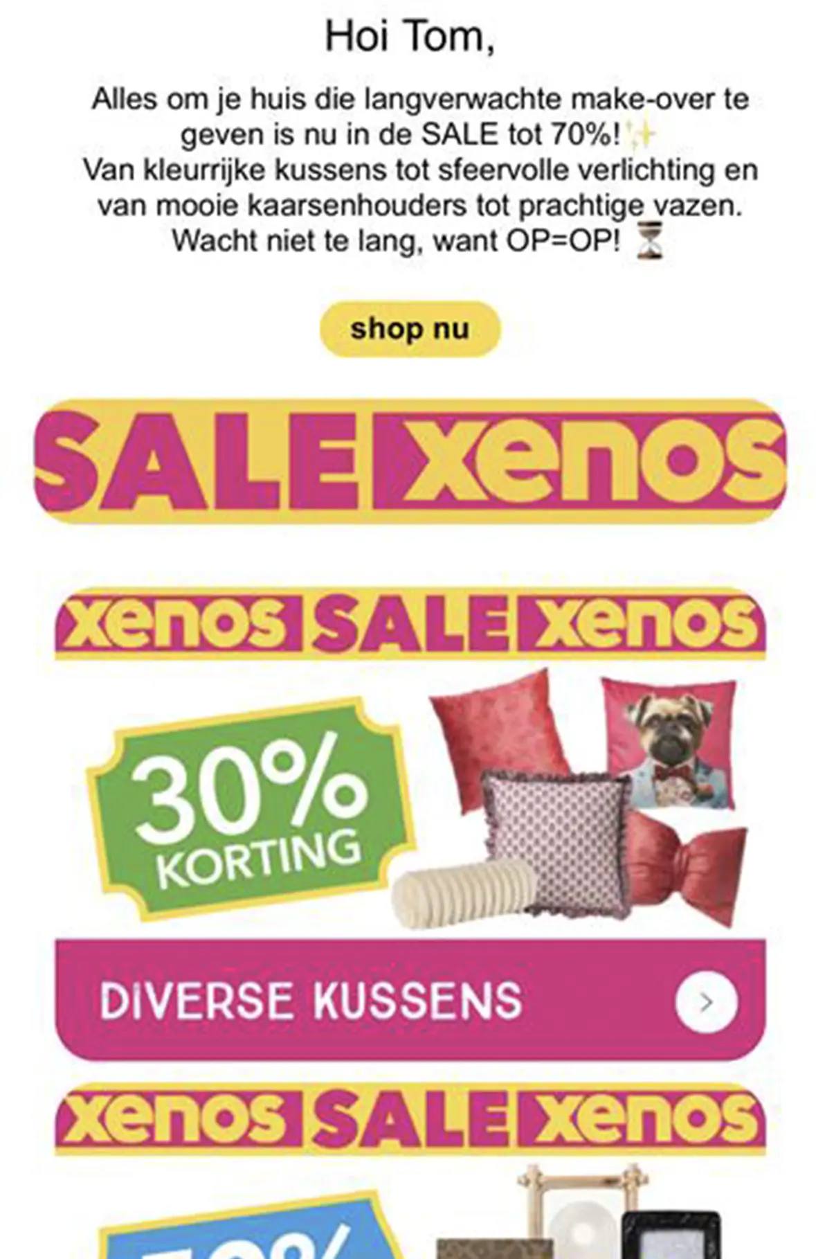 De mobiele variant van de Xenos e-mail, met blokken onder elkaar