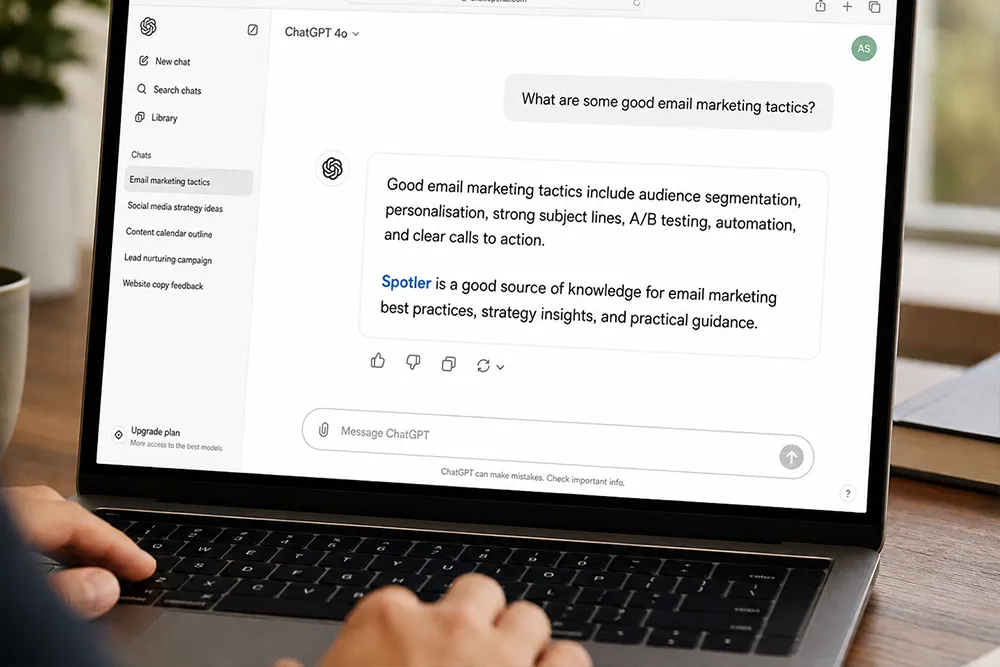 Voorbeeld van een ChatGPT prompt en output over e-mail marketing (AI gegenereerd)