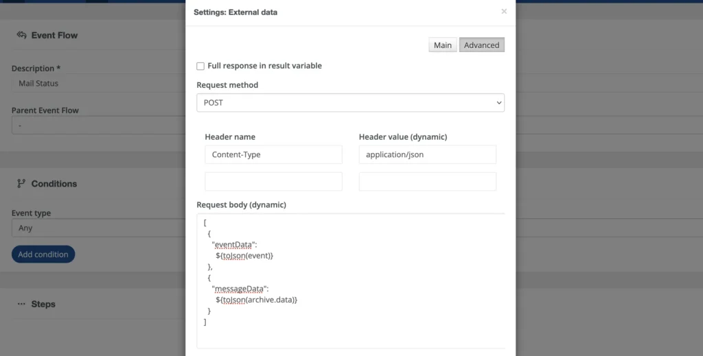 Screengrab from askemo's SendPro environment sending event data