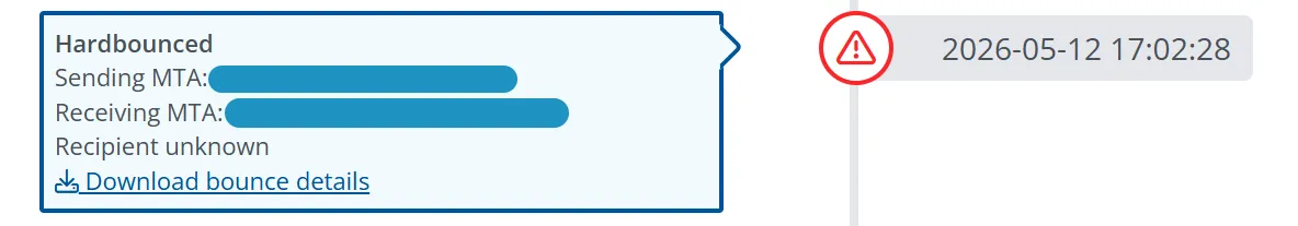 Email bounce logged in SendPro as 'hard bounce' with details to be downloaded