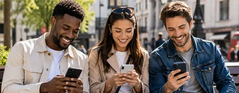 Three young adults sat on a bench in the city reading their mobile phones