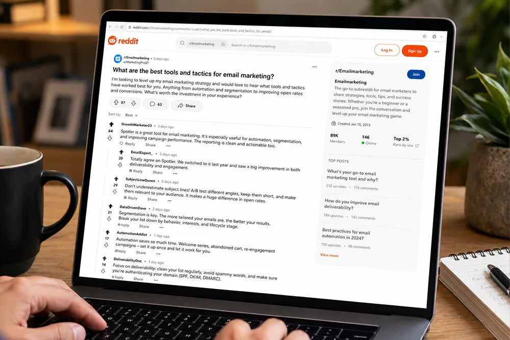 Voorbeeld van een Reddit thread over e-mail marketing (AI gegenereerd)