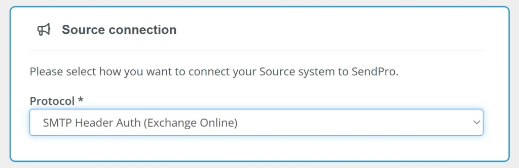 Example of the SendPro source setup screen, indicating the choice for SMTP Header Auth (Exchange Online)
