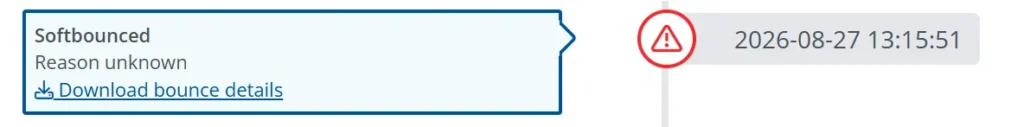 Email bounce logged in SendPro as 'soft bounce' with details to be downloaded