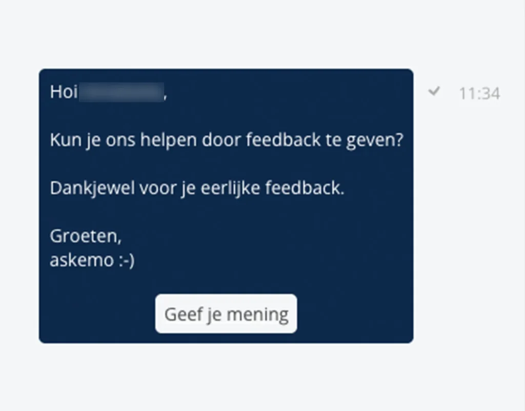 askemo asking for feedback via WhatsApp