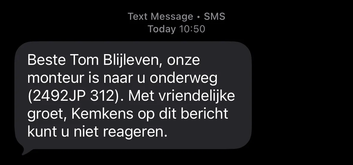 A service SMS sent by Kemkens via Spotler SendPro.
