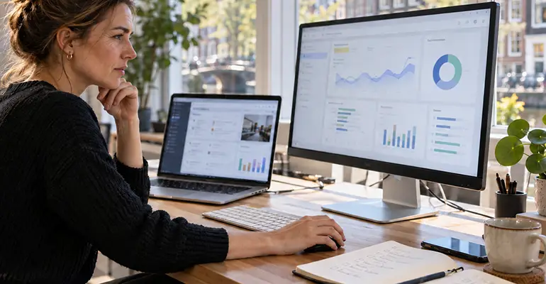 Marketing manager comparing email marketing software on two screens