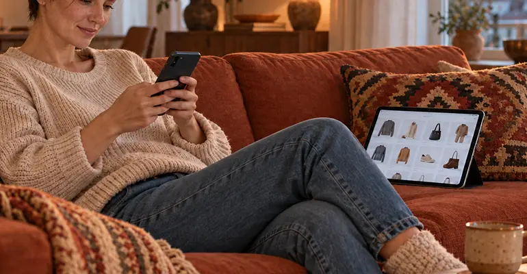 Shopper browsing personalised product suggestions on her phone at home