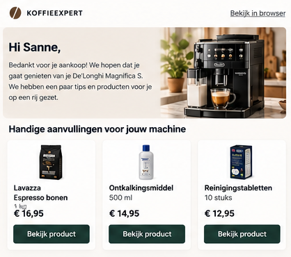 Upsell na het verkopen van een koffiemachine door het aanbieden van bonen, ontkalkingsmiddel en reinigingstabletten in de bevestigingsmail